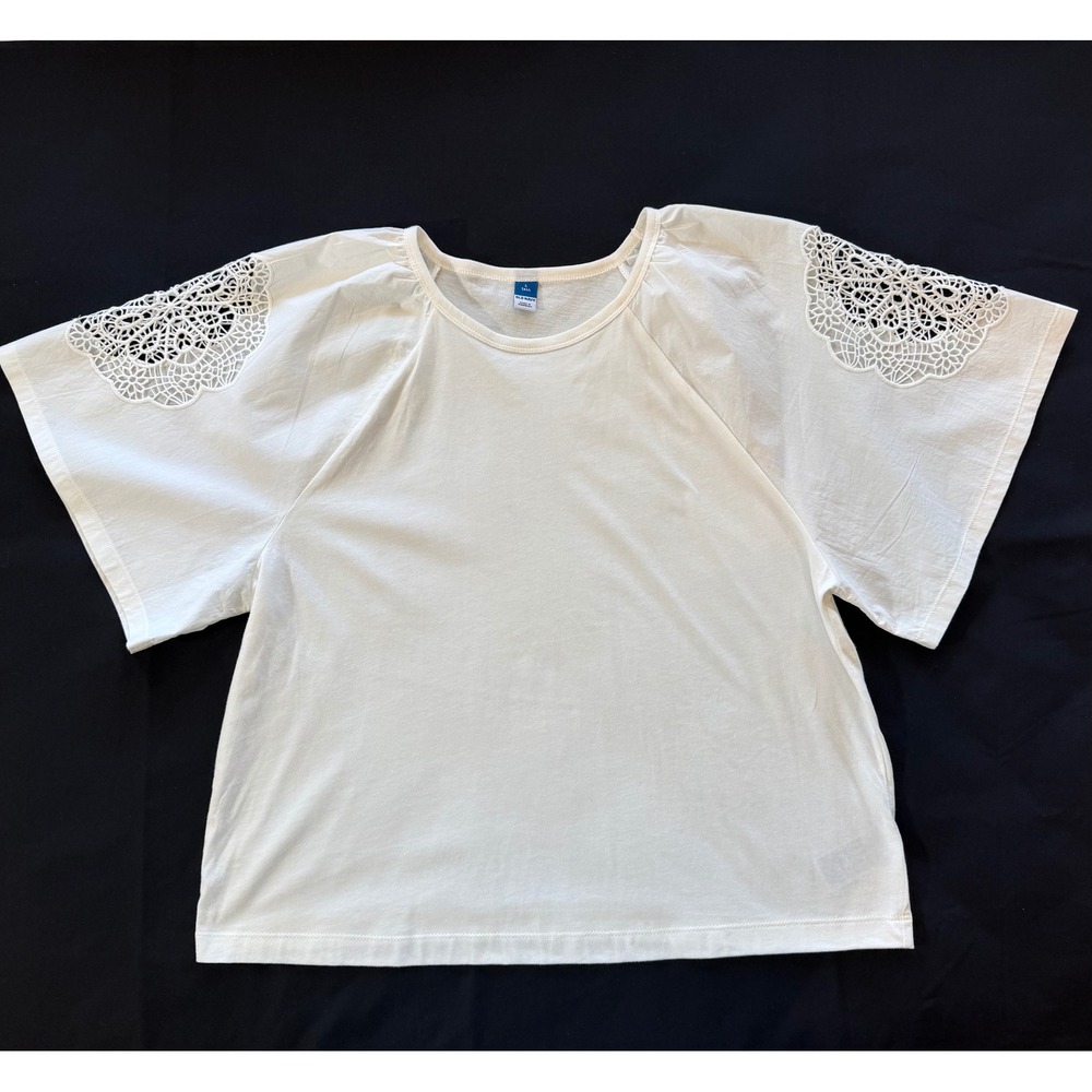 Lace Cutout Sleeve Top White Sz Large Cotton Knit Boho Chic Cottagecore Romantic